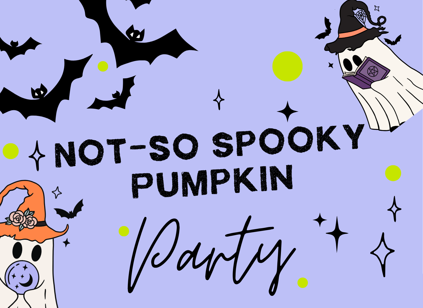 Original Not-So Spooky Pumpkin Party invitation art with bats, friendly ghosts and the title