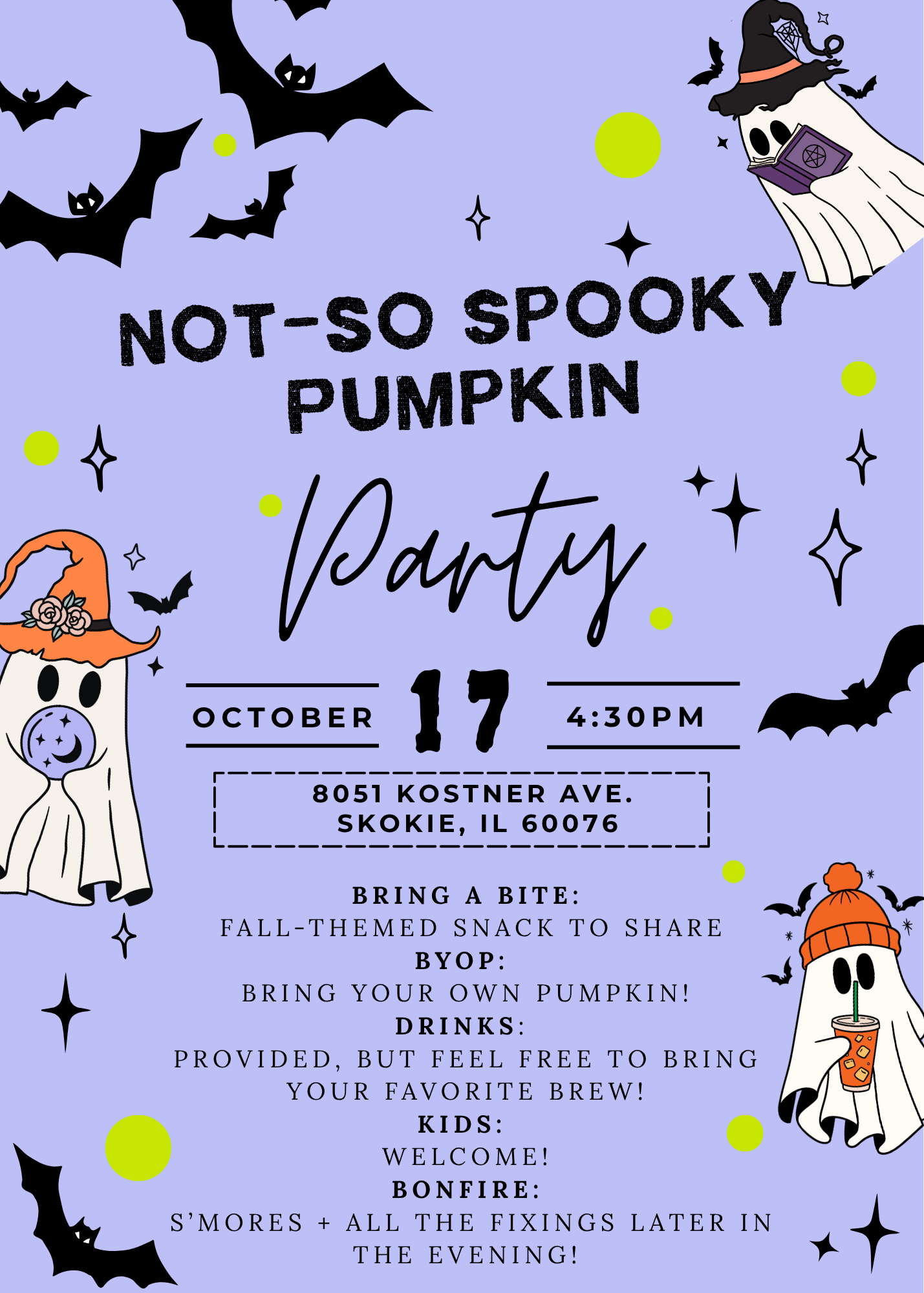 Full original party invitation with address, bring-a-bite, BYOP, drinks, kids and bonfire details